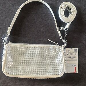 Zara White Silver Studded Shoulder Bag
